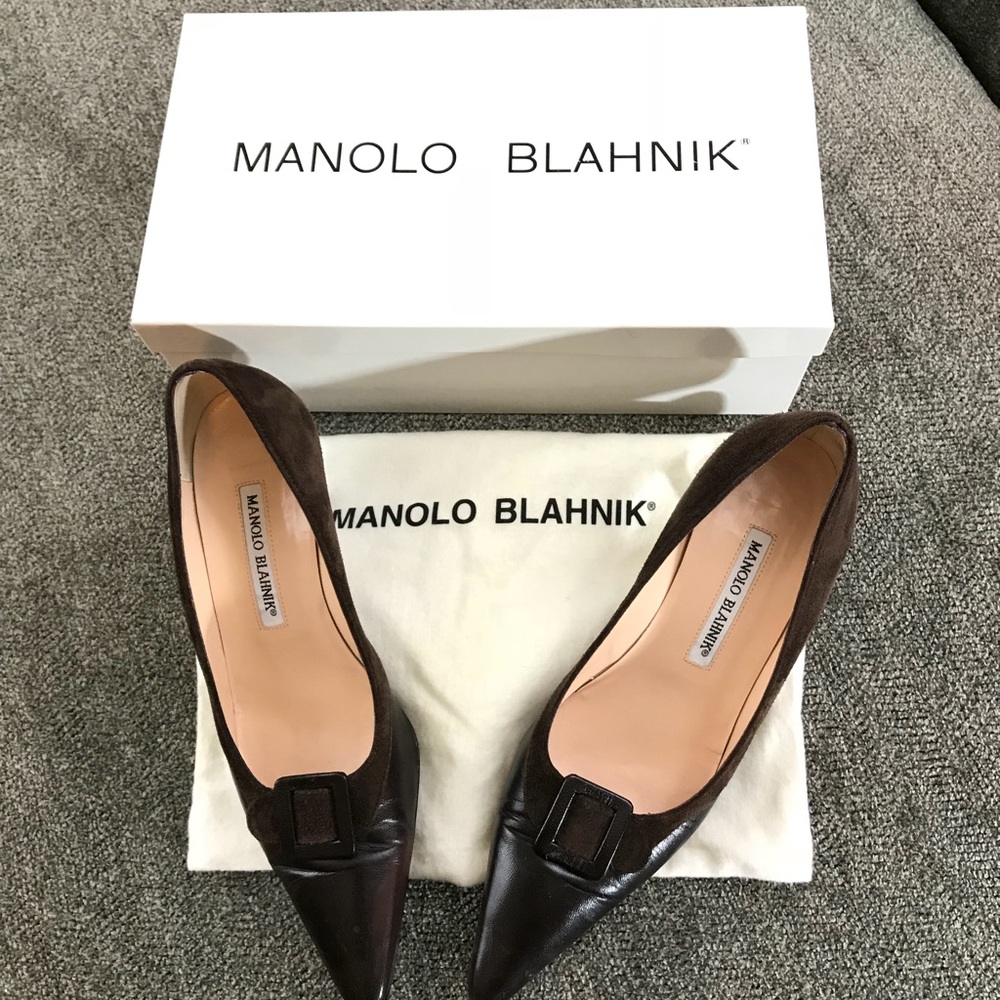 Brown leather/suede buckle kitten heels